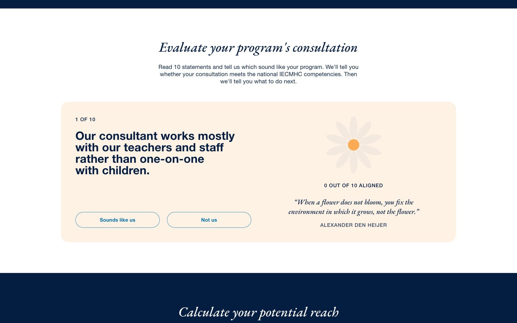 The program self-assessment: a statement card reading “Our consultant works mostly with our teachers and staff rather than one-on-one with children”, with “Sounds like us” and “Not us” buttons and a flower that fills in as statements are answered.