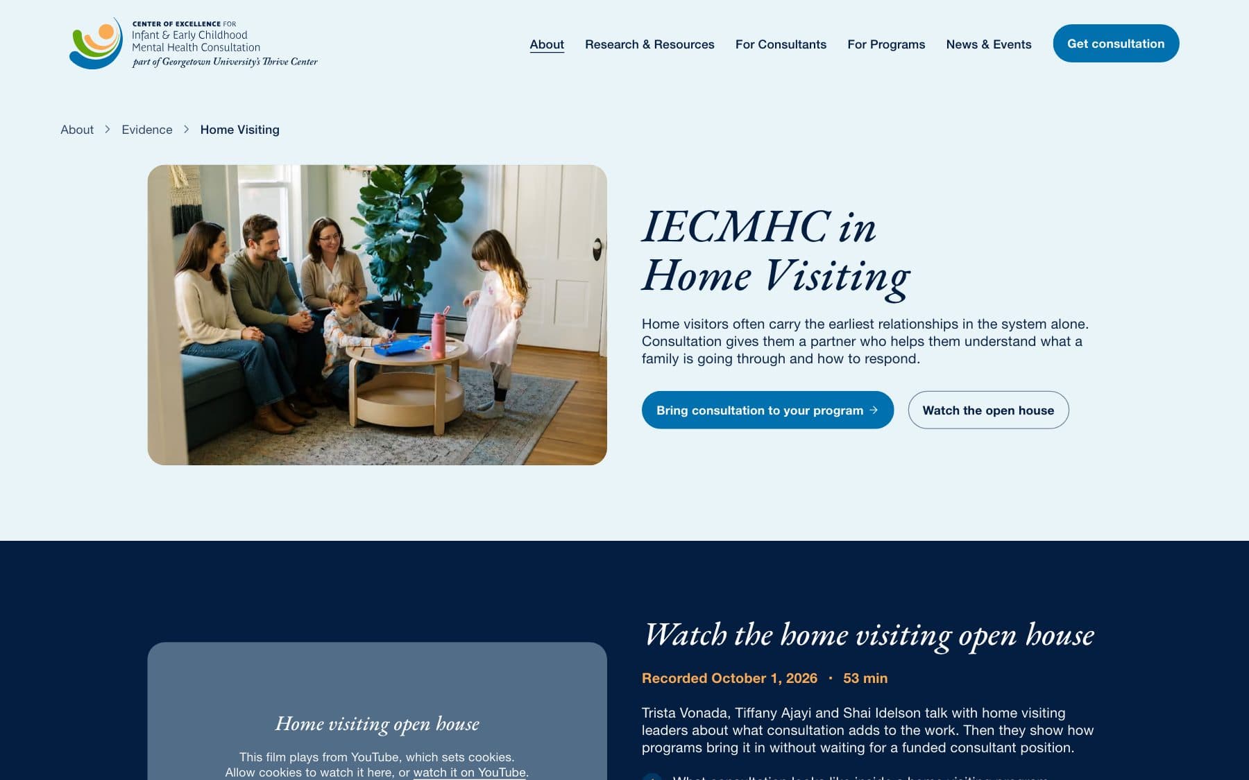 The evidence page for home visiting: a family photograph beside the headline “IECMHC in Home Visiting”.