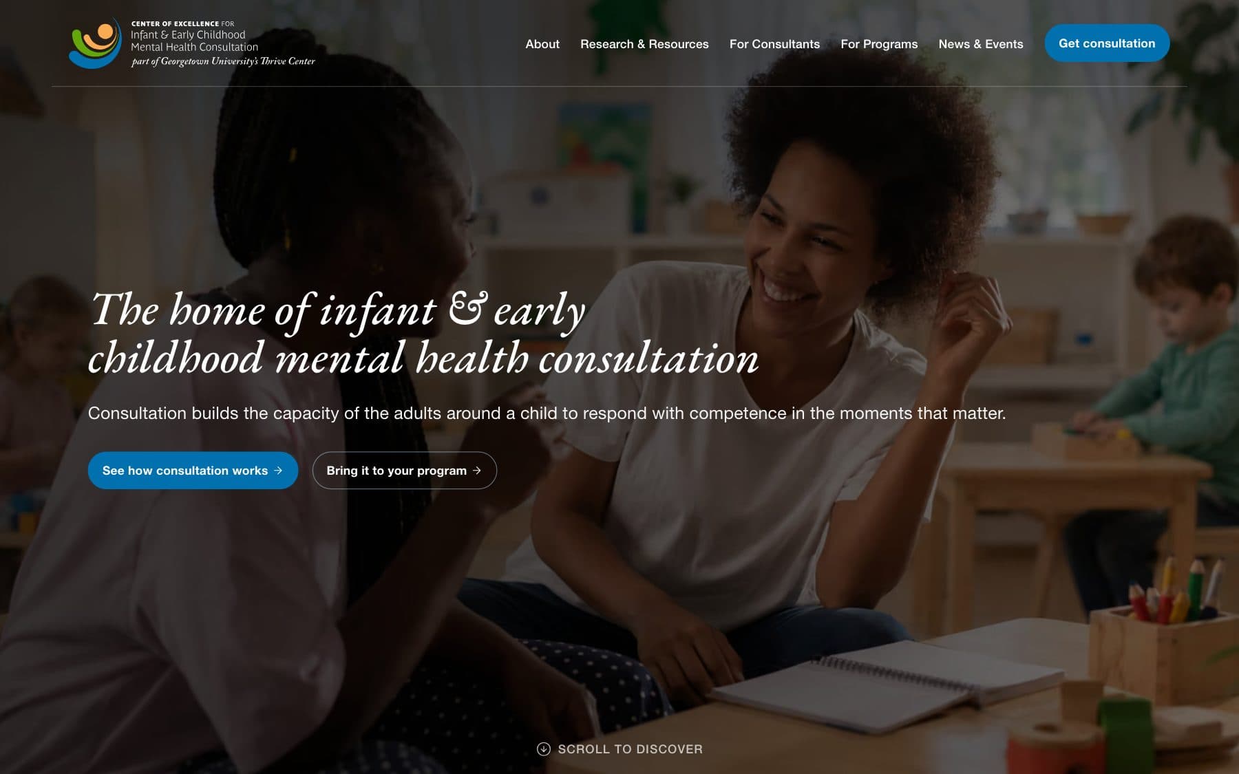 The iecmhc.org homepage: a photograph of two educators talking, under the headline “The home of infant & early childhood mental health consultation”.