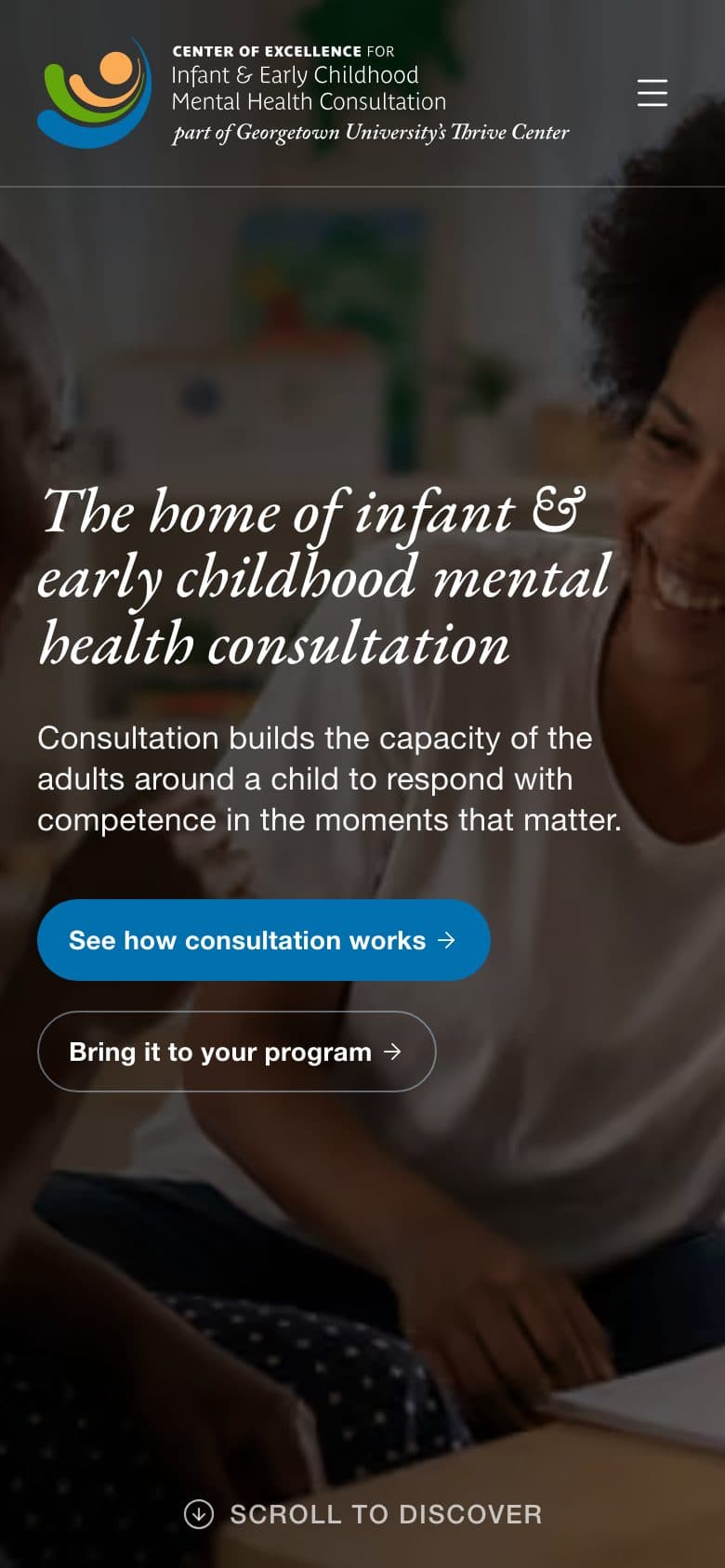 The iecmhc.org homepage at phone width, with the same headline and a “See how consultation works” button.