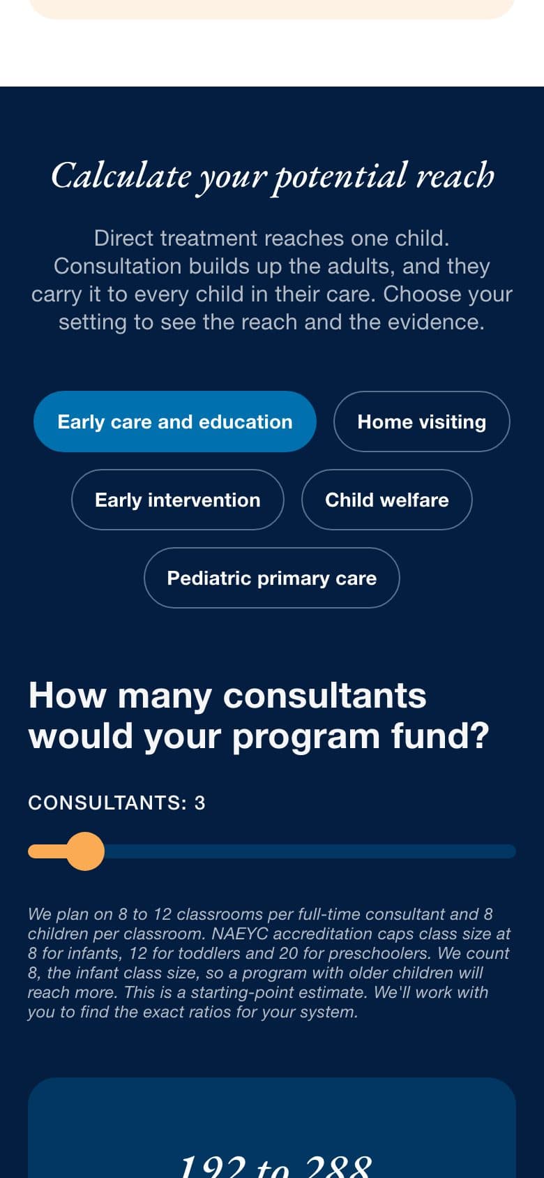 The reach calculator on a phone, with setting buttons stacked above the consultant slider.