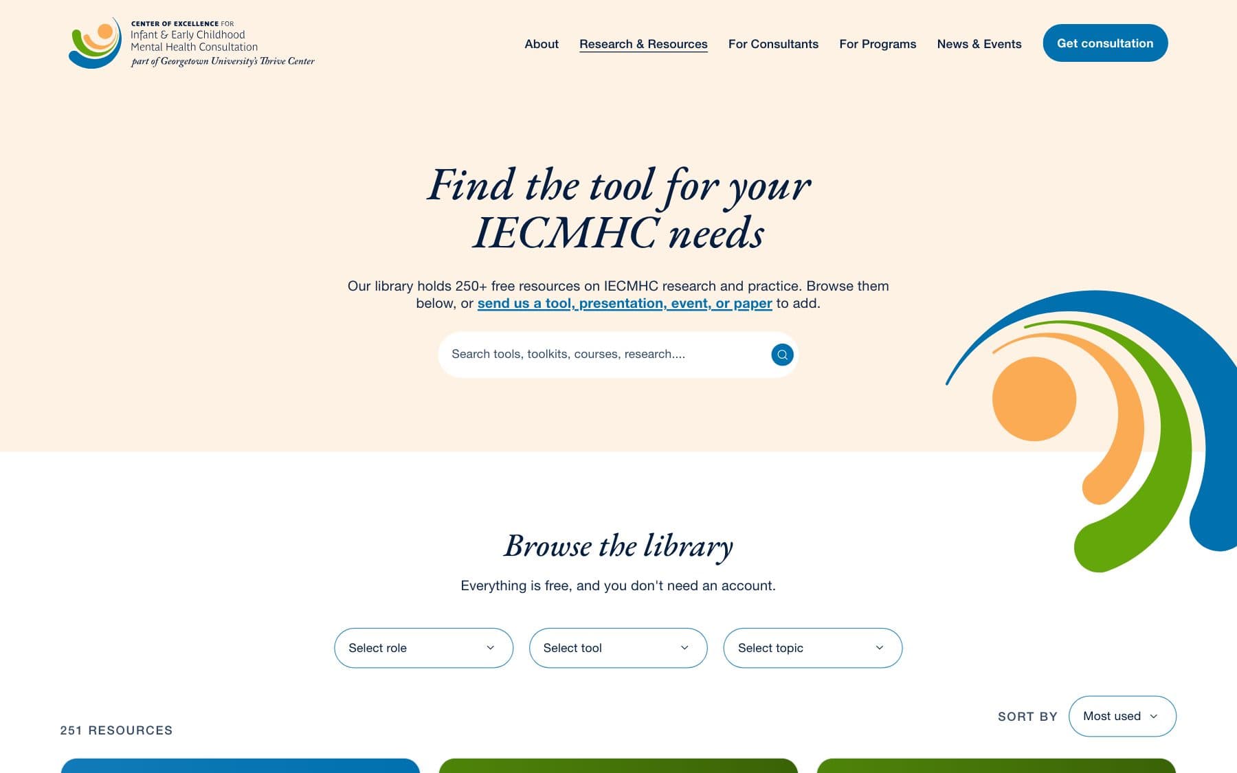 The resource library: the headline “Find the tool for your IECMHC needs” over a search field, with role, tool and topic filters below.